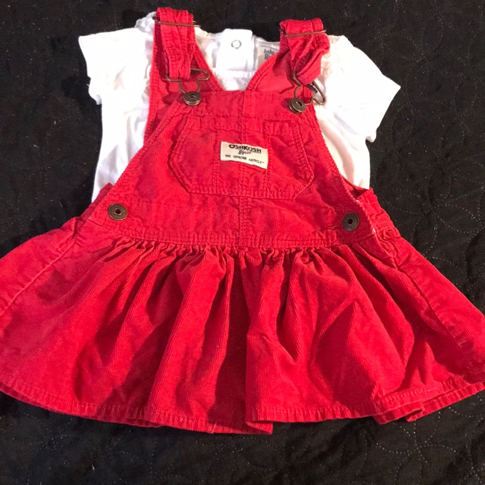 OshKosh 2pcs set. White designed shirt. Red dress. Size 9m